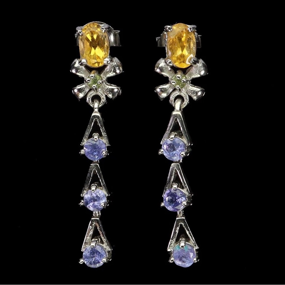 Natural Citrine, Tanzanite & Peridot Gems in 925 Sterling Silver. Drop Earrings